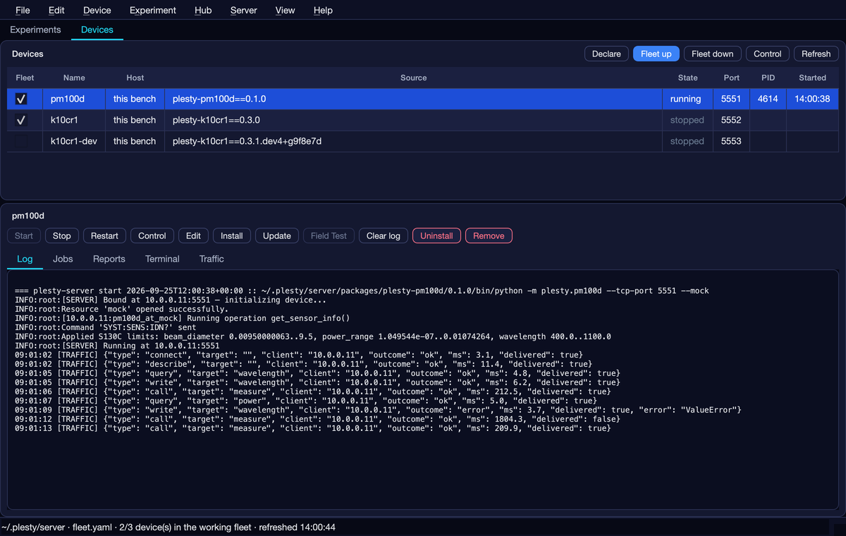 The Devices tab: declared devices with their host, source, state and port, the selected one's buttons, and its log