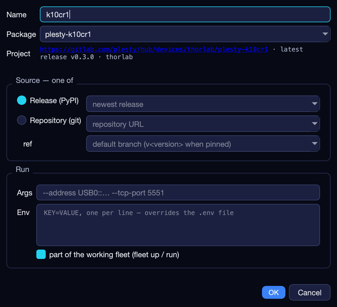 Add device: name, package, source, arguments and environment