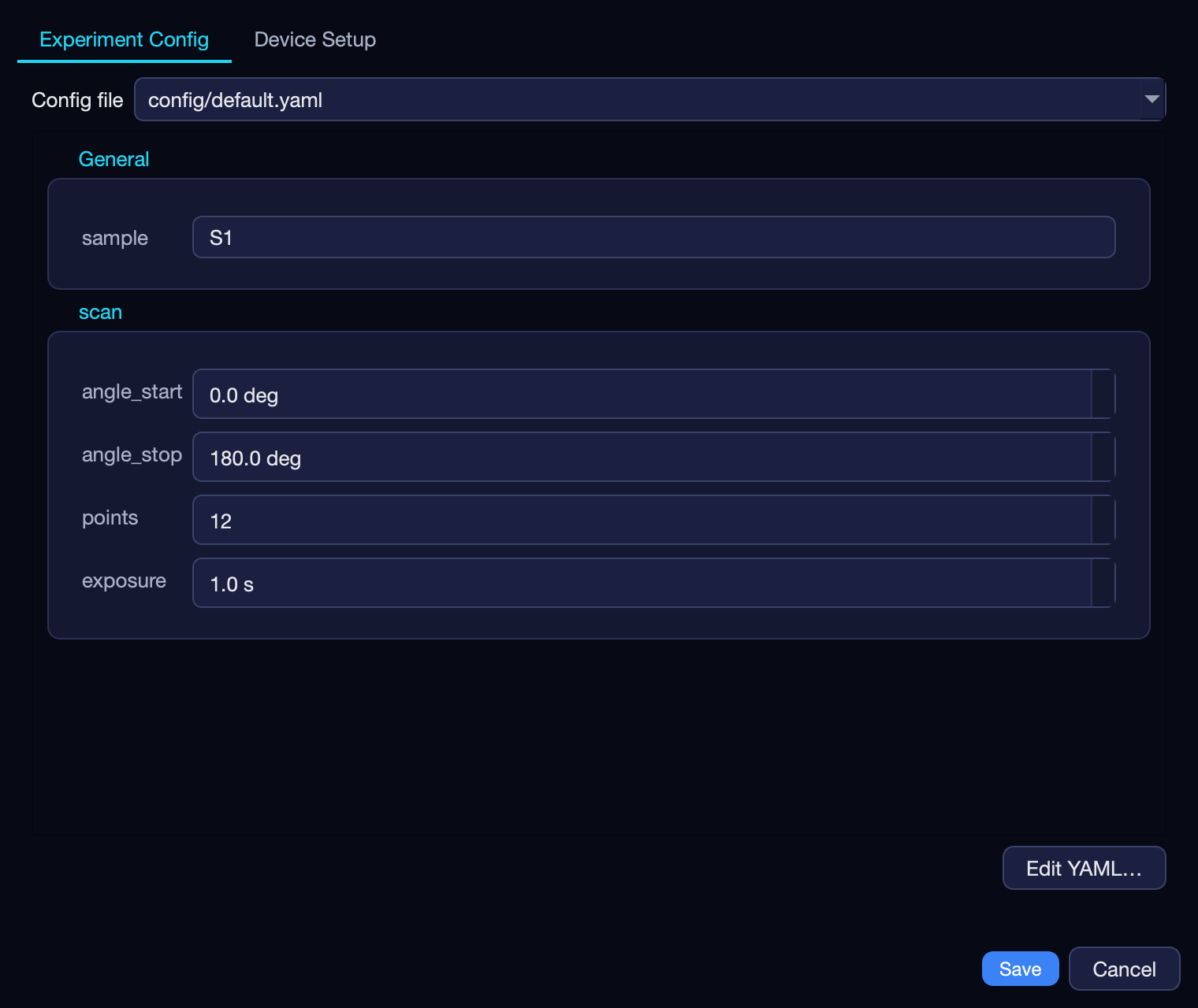 Experiment Config: the run's settings as a form, grouped as the module declares them